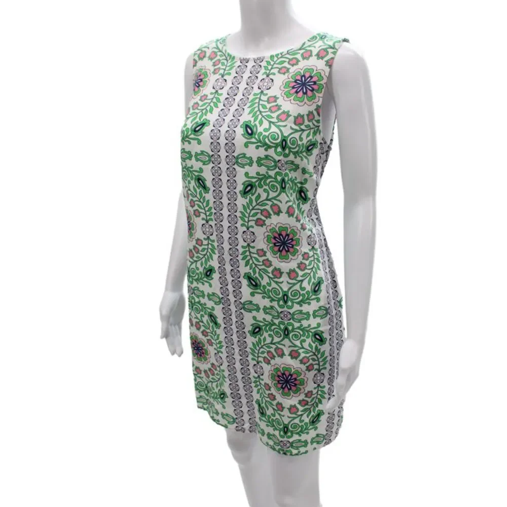 Tory Burch Womens Shift Dress Green Floral Linen Sleeveless Roundneck Zip Size L